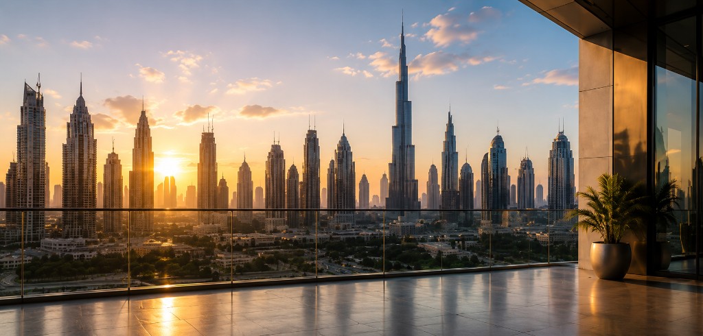 Dubai skyline at sunset viewed from a luxury high-rise balcony