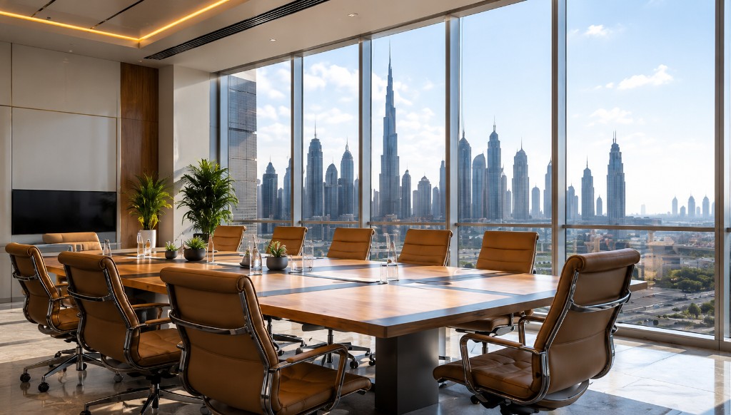 Luxury corporate boardroom with Dubai skyline view