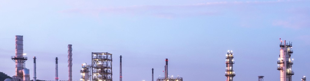 Aerial view of oil and gas storage at twilight